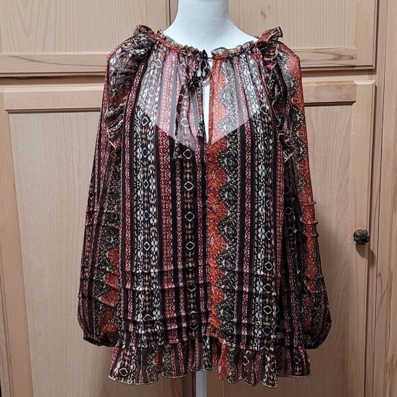 Lucky Brand Chiffon Printed Peasant Top - Picture 1 of 6